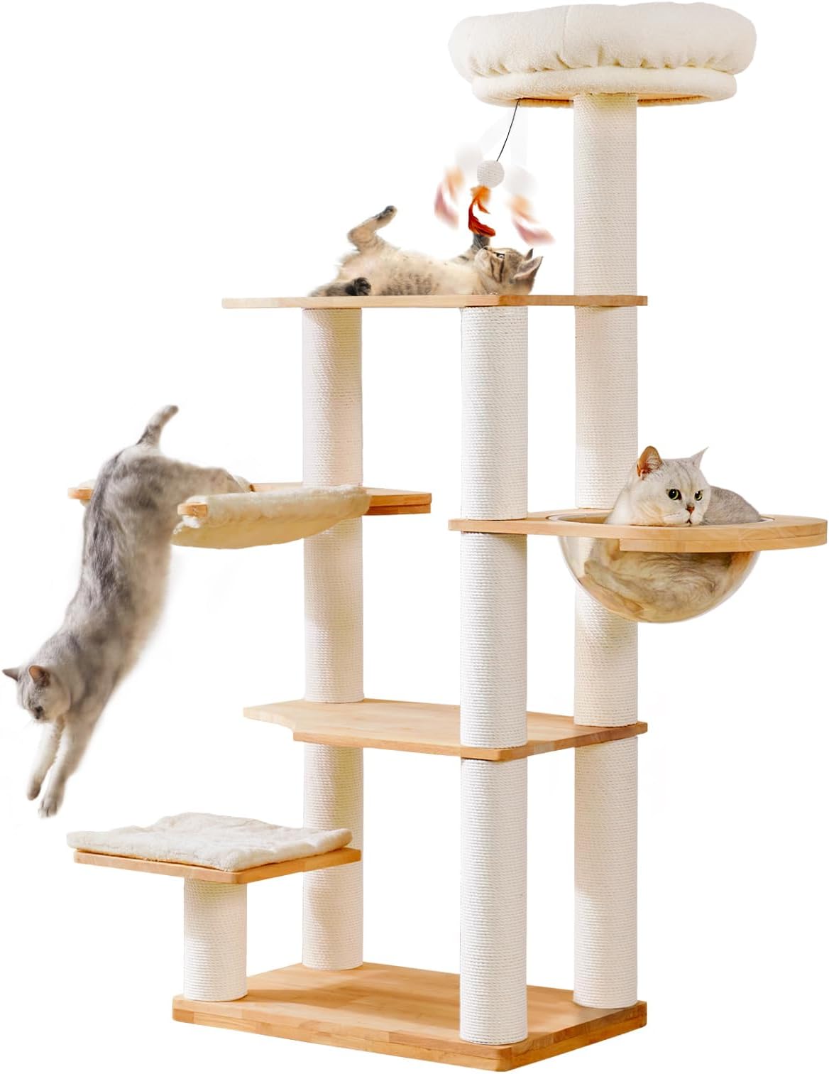 Cat Tree Wood Cat Tree for Indoor Cats with Cat Scratching Posts&Hammocks,Modern Cat Tree Cat Tower for Large Cats with Soft Bed Mat, Wooden Cat Tree Cat Furniture with Capsule&Cat Ball Toy