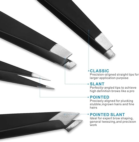 Miniatura 5 de Juego de pinzas  Kit profesional de pinzas de acero inoxidable para cejas para mujeres y hombres con espejo y estuche de viaje de cuero, depilación