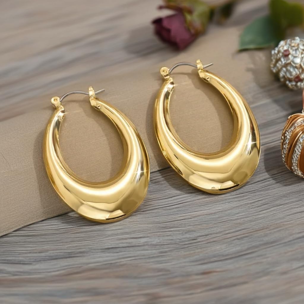 Gold Plated Hoop Earrings, Chunky Crescent Design, Classic Statement Hoops - Image 3