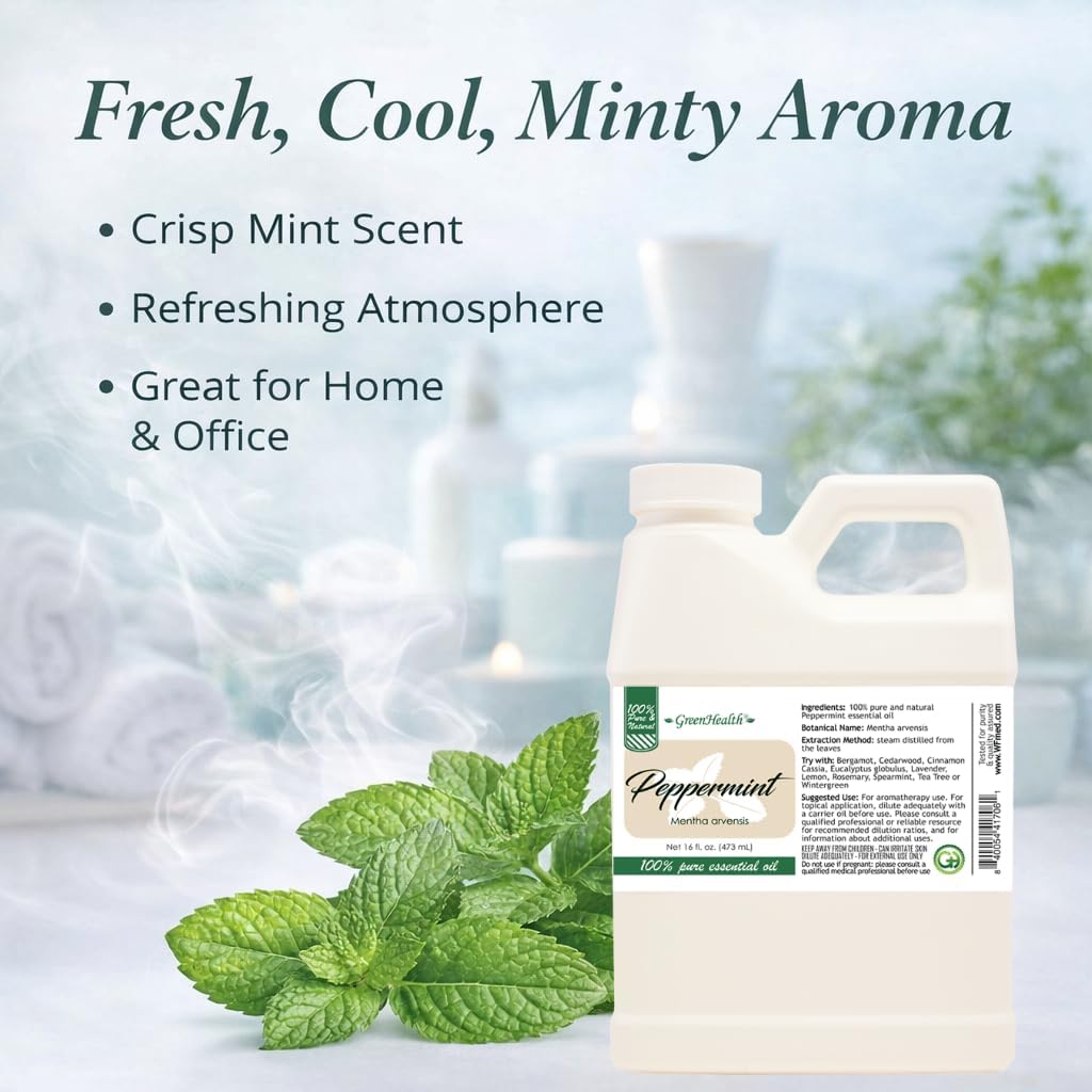 GreenHealth Peppermint Essential Oil 16 fl oz (473 mL) - 100% Pure Mentha Arvensis Oil for Diffusers, Candle Making, Soap Making, DIY Blends, Home Fragrance