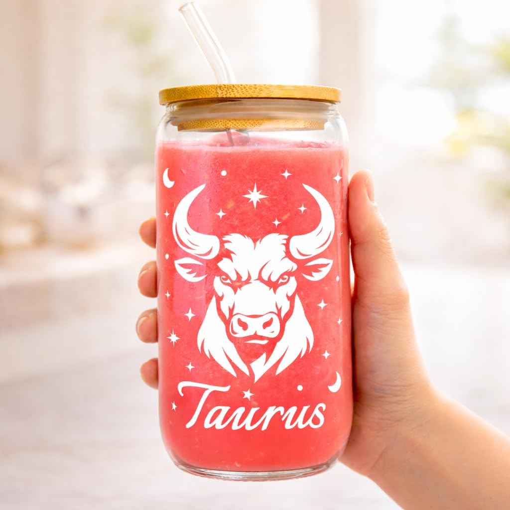 Taurus Gifts for Women - 16oz Taurus Glass Coffee Cup with Straw - Zodiac Birthday Cup for Her - Astrology Tumbler for Coworker - Constellation Mug for Mom Friend