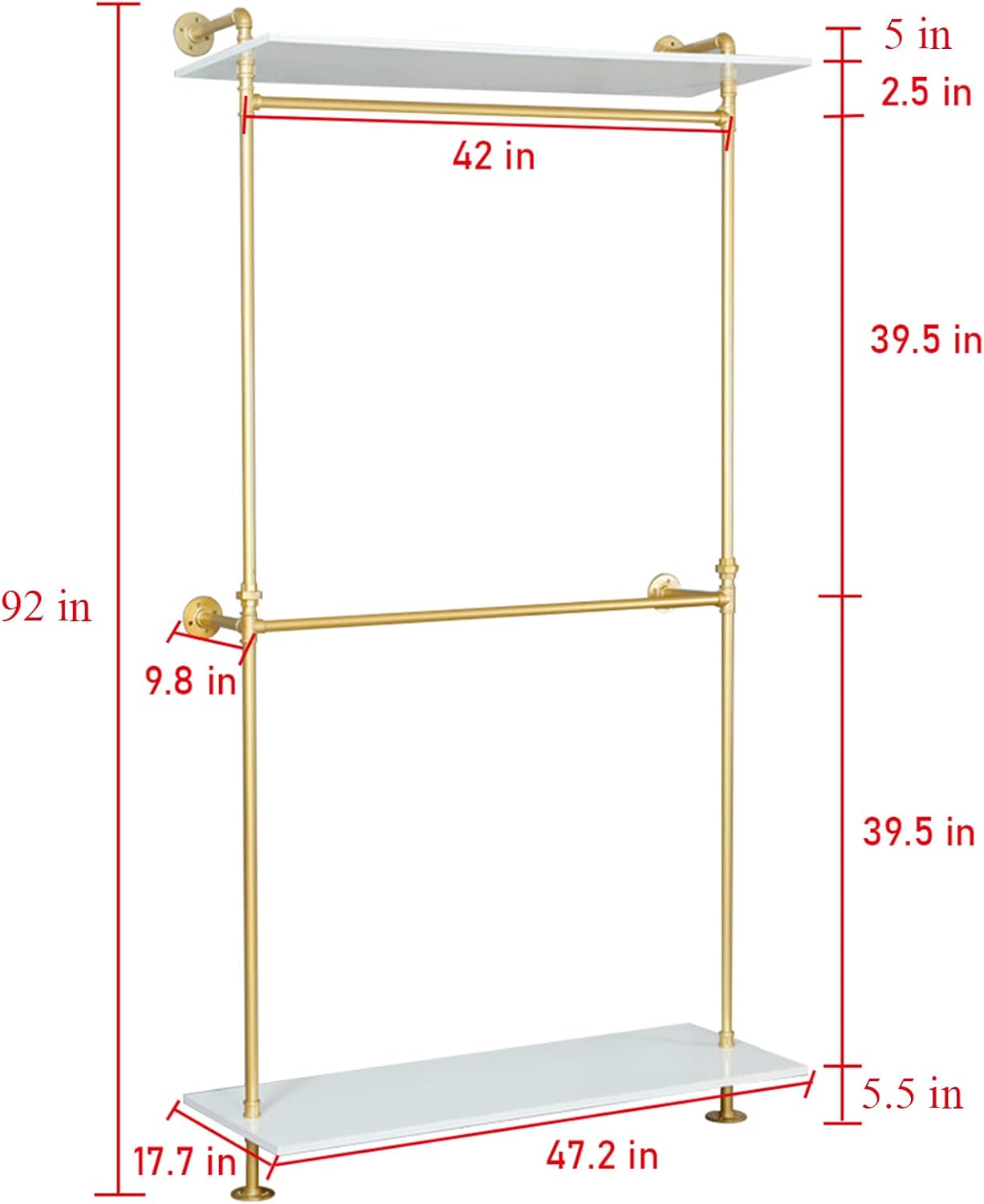 Modern Simple 2 Tier Metal and Wood Garment Rack,Industrial Pipe Double Hanging Rods Clothing Rack,Retail Display Wall Mounted Storage Clothes Hanging Shelf (One Shelves,Gold, 47.2" L)
