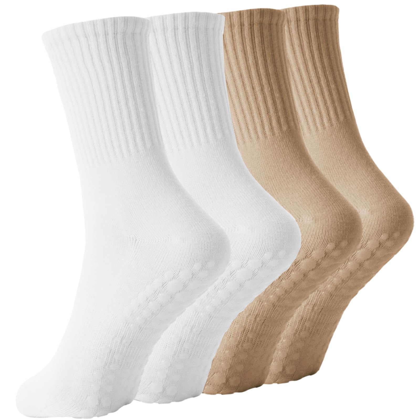 Yikki 4 Paar Pilates Socken Damen, Rutschfeste weiche Reformer-Yoga Socken für Tanz, Fitness, Fitnessstudio, Ballett, Trampolin, Heim- und Krankenhaus, Einheitsgröße (Khaki/White)