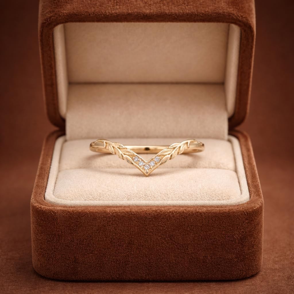14K Yellow Gold V Shaped Leaf Engraved Stackable Bridal Ring CZ Diamond Wedding Band for Women Curved Anniversary Promise Jewelry Gift for Her