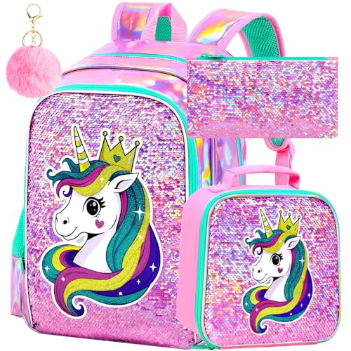 Image of CCJPX 16 inch Unicorn Backpack for Girls, 3Pcs Kids Sequin Bookbag with Lunch Box, Water Resistant Elementary School Bag for Kindergarten Preschool Toddler (Pink)