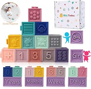 Mini Tudou 14 PCS Baby Blocks Soft Building Blocks Toys w/Milestone Blocks & Play Mat, Educational Squeeze Teether Sensory Toy w/Numbers Animals Shapes Textures for Babies Toddlers Boys & Girls