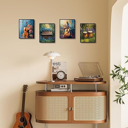 Miniatura 7 de Arte de pared con música retro, impresión en lienzo botánico de acuarela, instrumento musical y impresión de flores, póster de música rock para sala