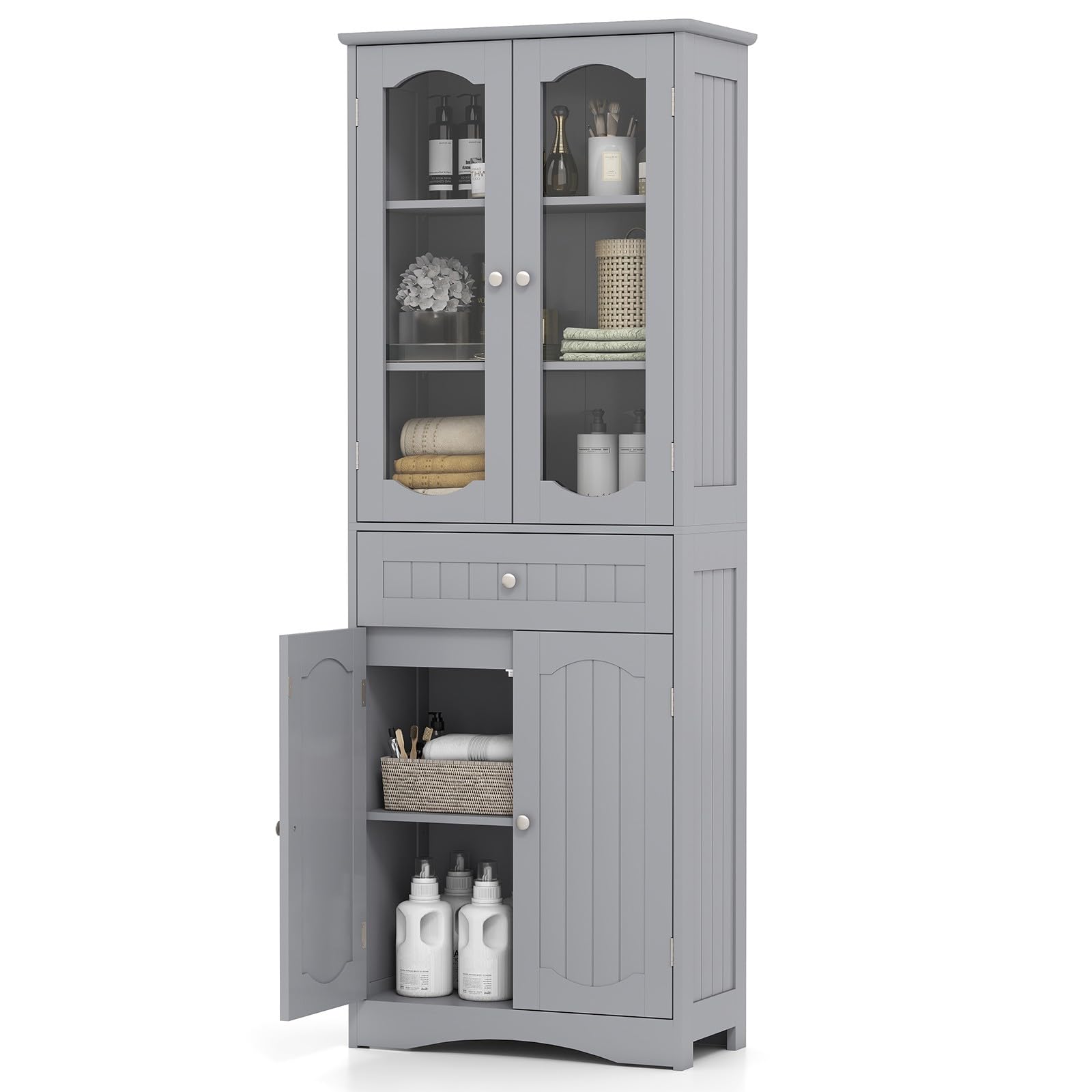 LIFEZEAL Badezimmer Hochschrank 180cm - Schmaler Badschrank Mit Glastüren