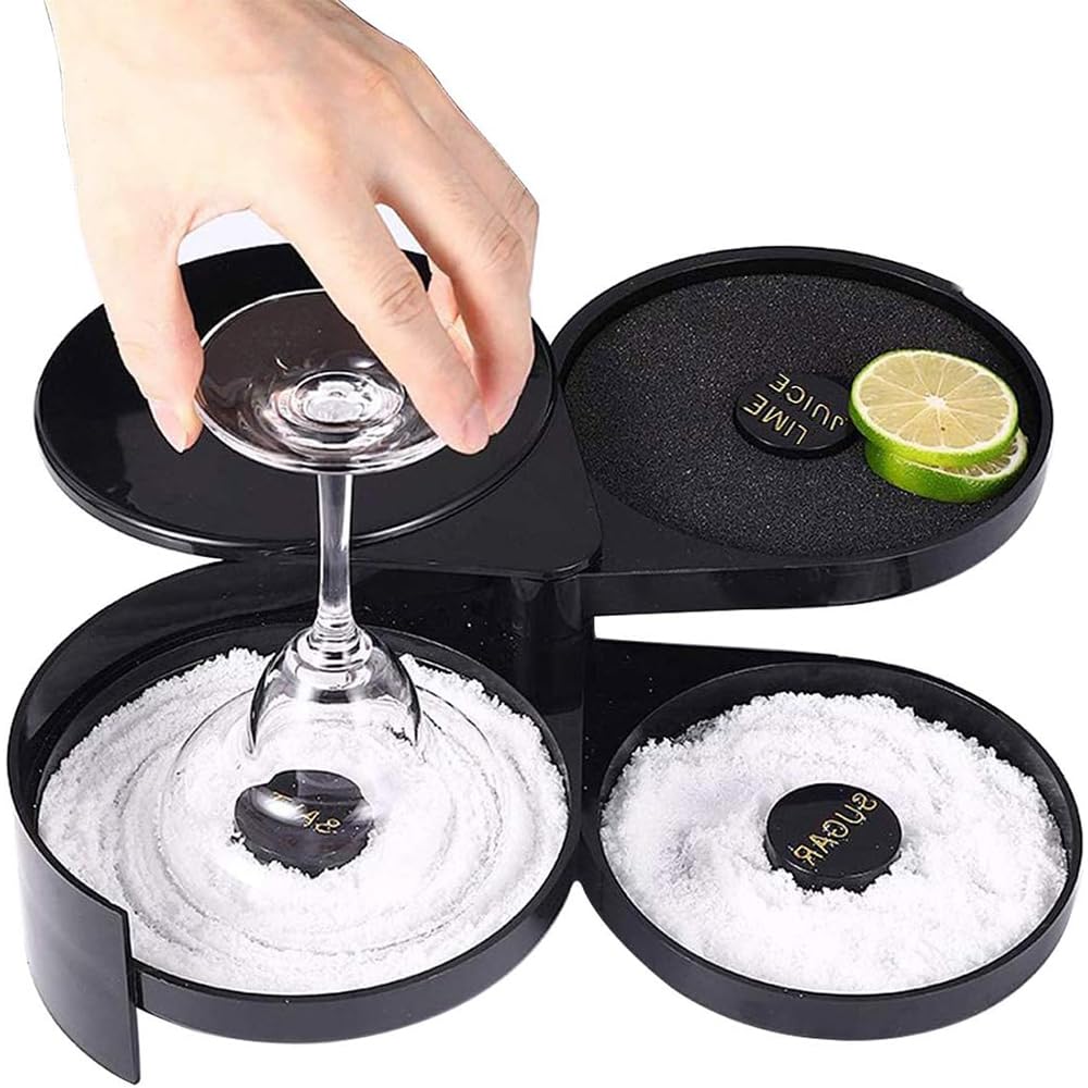 Wdsilkbo Plastic 3 Tier Bar Glass Rimmer For Margarita And Cocktail, Professional Bartender Tool With Labeled Trays For Salt, Sugar & Lime Juice, Durable Food-Safe Cocktail Accessories For Home & Professional Bars, Bl