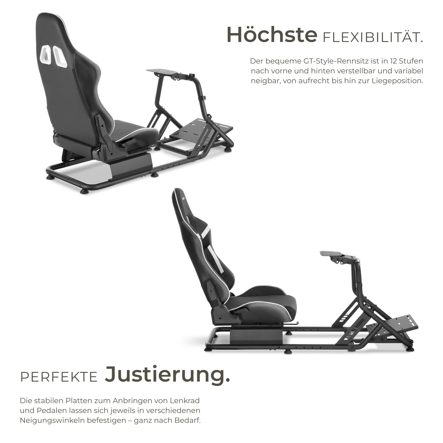 tectake® Sim Racing Cockpit kompatibel mit Fanatec, Logitech, Thrustmaster, GT-Style Rennsitz verstellbar, 120 kg belastbar, Gaming Stuhl Simulator, ohne Lenkrad Pedale, Stahlgestell - schwarz/schwarz