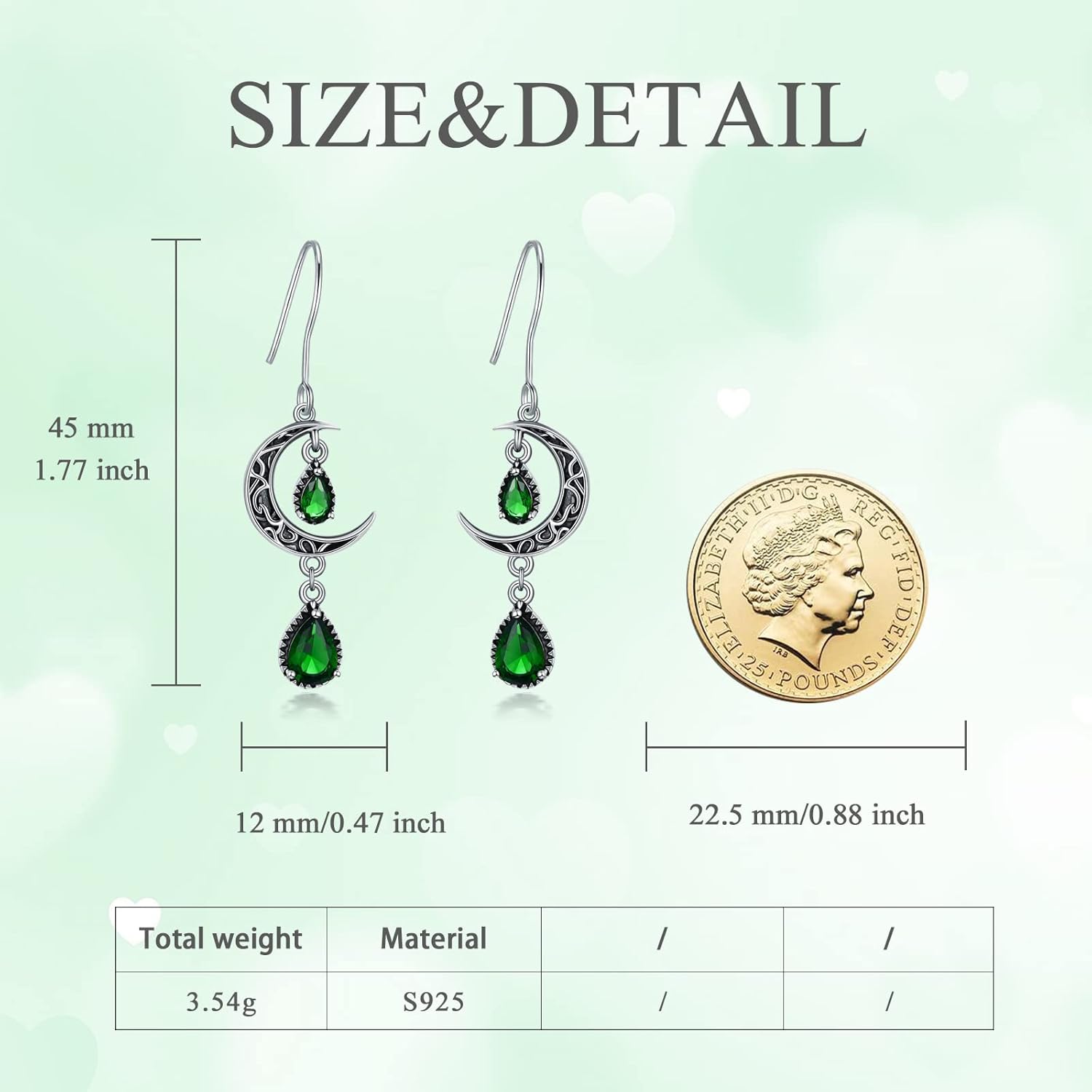 VONALA Moon Earrings for Women 925 Sterling Silver Celtic Moon Dangle Drop Earrings Emerald / Amethyst / Ruby / Sapphire/ Pink / Peridot / Aquamarine / Citrine / Black / Rainbow Topaz Dangling Earrings Celtic Jewelry Gifts for Women - Image 5