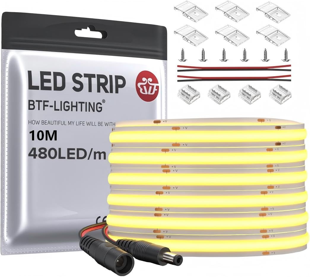 BTF-LIGHTING FCOB COB ciepła biel 3000 K elastyczna taśma LED o dużej gęstości CRI90+ 10M 480LEDS/M DC24V 8mm szerokość elastyczna FOB taśma LED do projektów DIY oświetlenia wewnętrznego