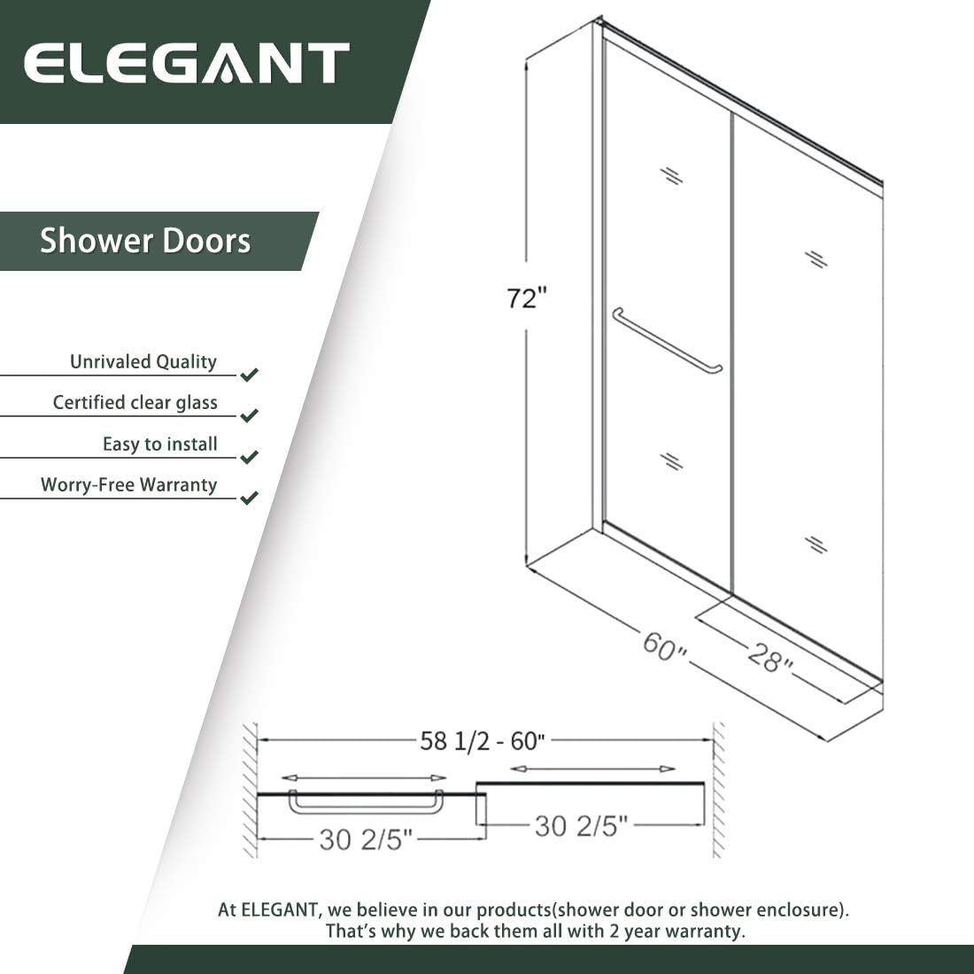 Best Quality 🔥 ELEGANT 58.5-60'' W x 72'' H Bypass Shower Door, Double Sliding Shower Glass Door, Semi-Frameless Shower Door with 1/4'' Frosted Glass, Brushed Nickel Finish