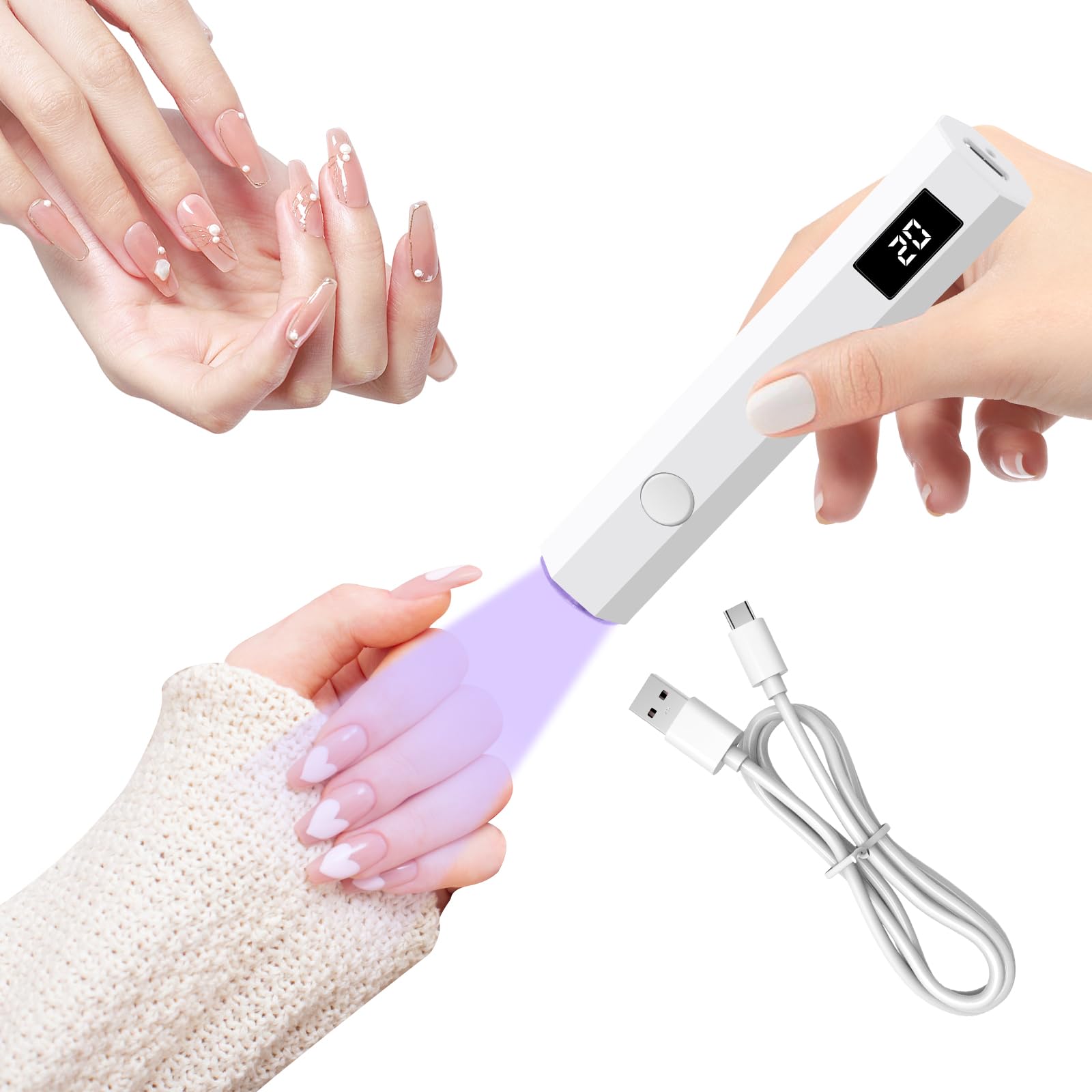 MXTIMWAN Lampada per unghie, UV portatile et ricaricabile, luce a mano per unghie in gel, con 2 timer 20/60S, per manicure, in resina di estensione del gel fai da te nail art bianco