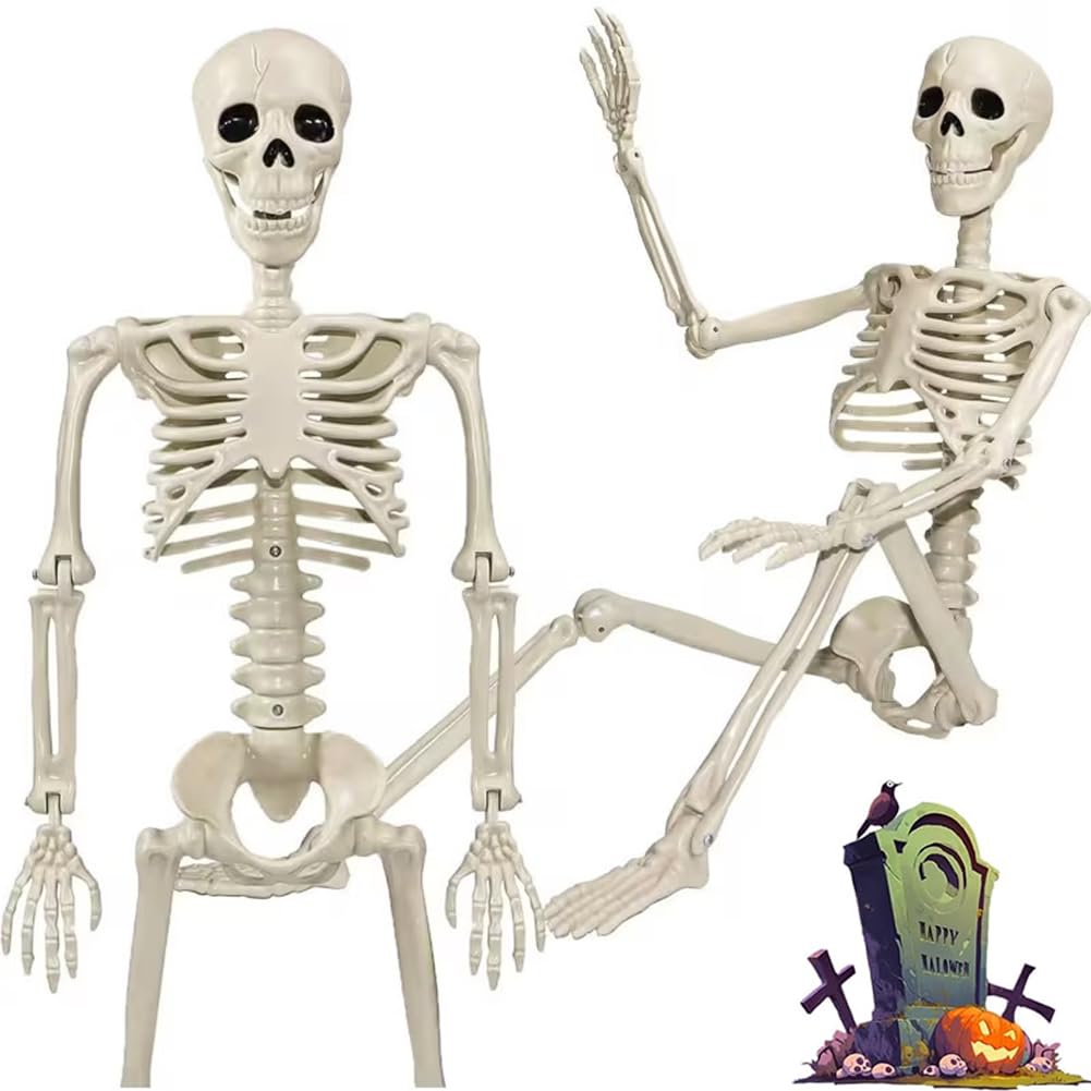 2PCS Life Size Skeleton Halloween Skeleton Figure with Full Body Posable Joints Human Full Size Skull Hand Life Body Anatomy Model,Creepy Halloween Skeleton Decor for Haunted Houses Props, Garden