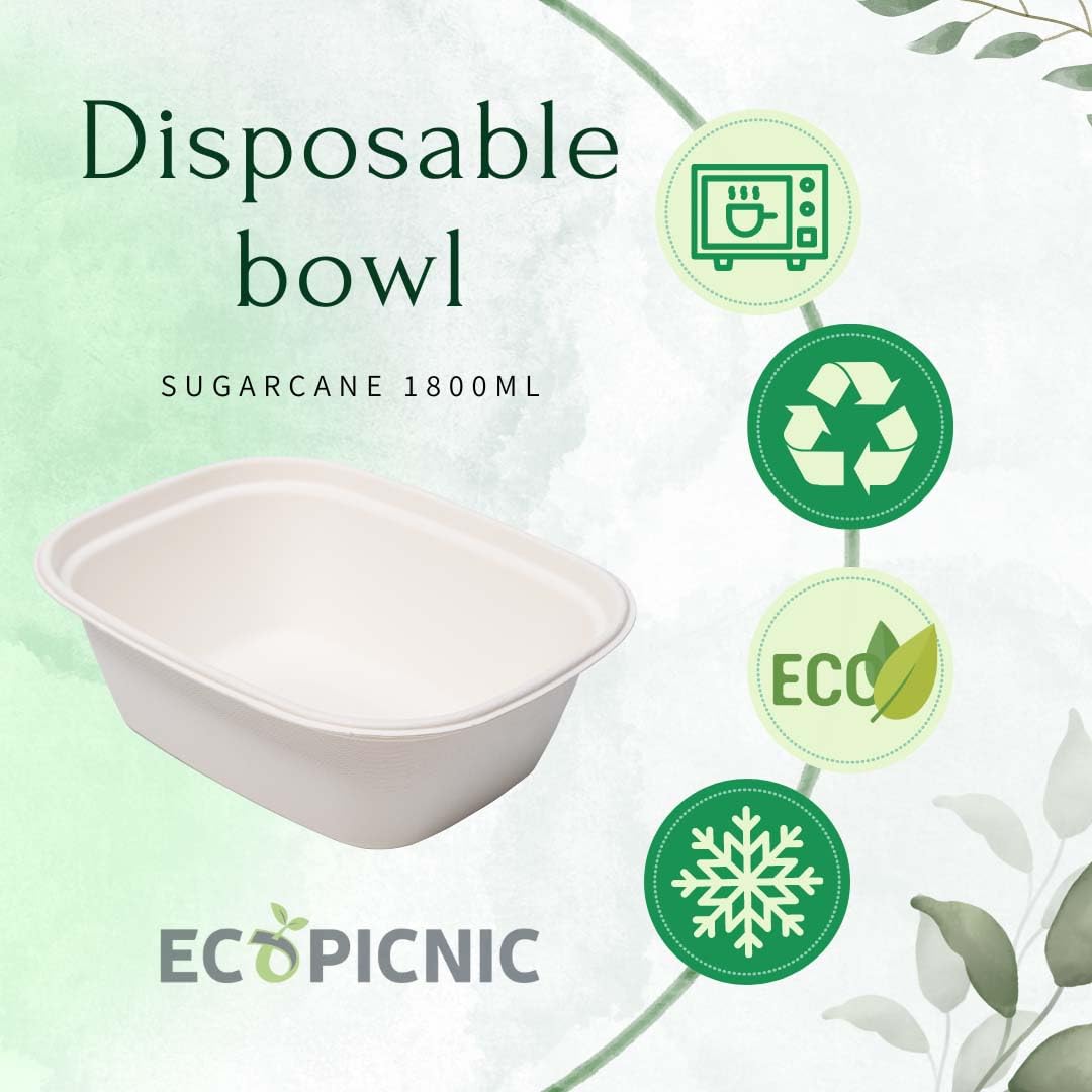 Cuencos de Caña de Azúcar 200 Unidades 1800 ml | Bols biodegradables Desechables para sopas, ensaladas y Alimentos, Ideales para Catering, Fiestas y Comida para Llevar