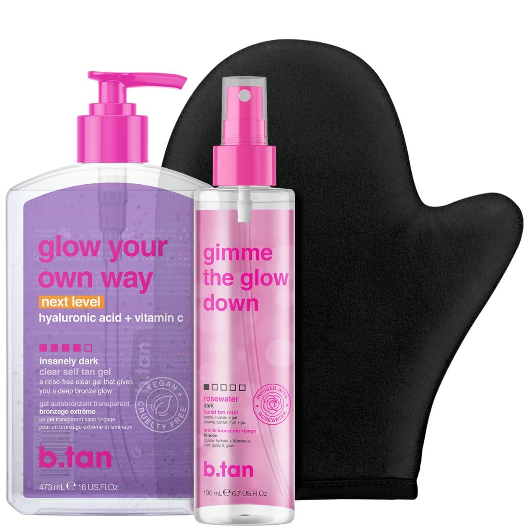 b.tan Clear Self Tanning Gel & Face Spray Kit | Glow Your Own Way Next Level + Gradual Facial Tan Mist Bundle - Dark, 1 Hour Express, Transfer-Resistant Fake Tanner, with Body Mitt Applicator
