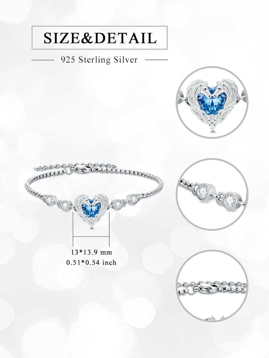 Dorunmo 925 Sterling Silver Heart Bracelet for Women, Blue Crystal Love Heart Adjustable Chain Bracelet, Animal Horse/Dragon Celtic Filigree Jewelry Gifts for Her