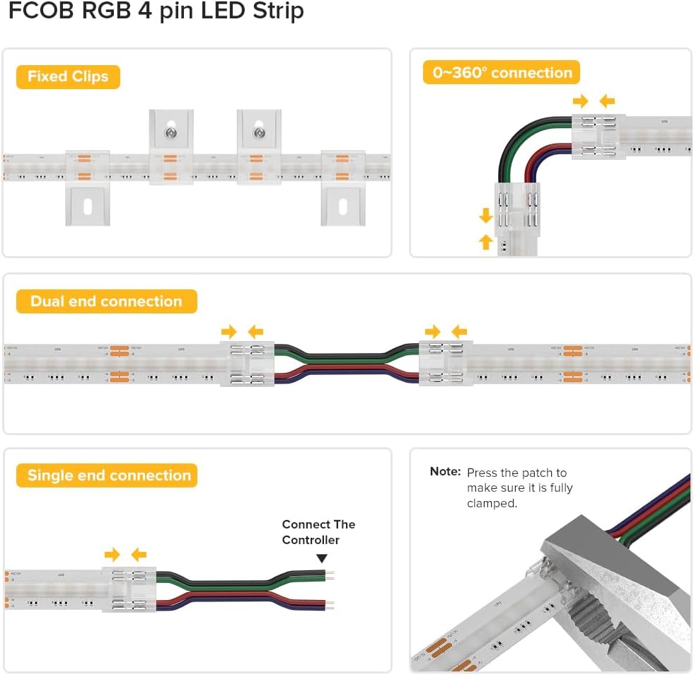 Detailed diagrams of FCOB RGB 4-pin LED strip connections: fixed clips, 0-360 degree connection, dual end connection, and single end connection to a controller, with a note to ensure the patch is fully clampрэд.