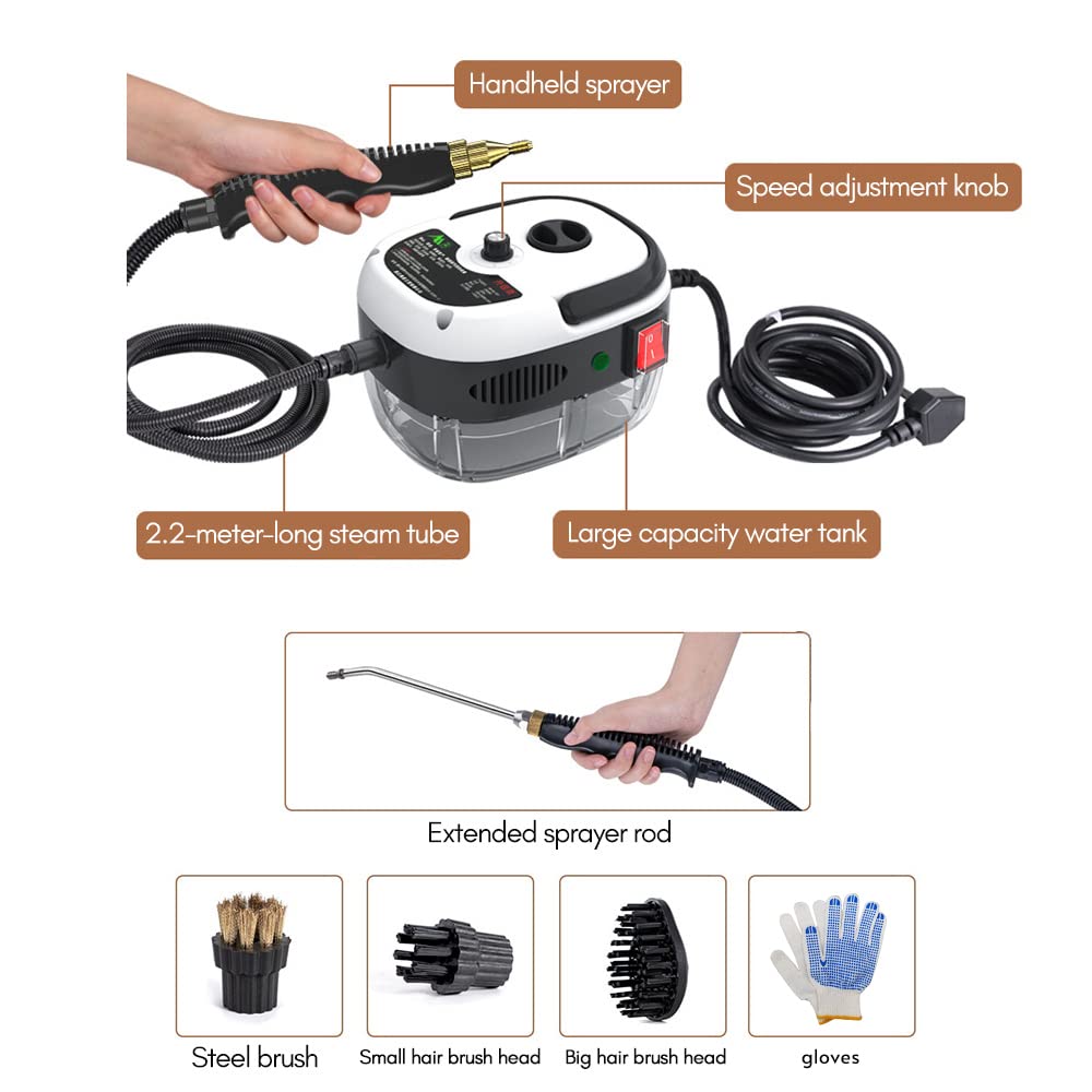 Decdeal Limpiador a vapor portátil portátil de 2500 W Máquina de limpieza a vapor presurizada a alta temperatura con cepillos y guantes para muebles de cocina Coche de baño