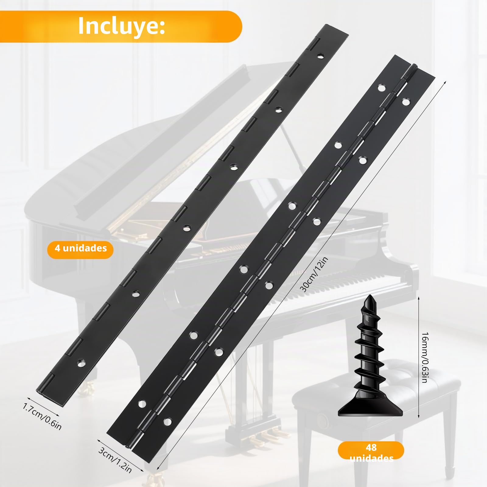 4 Pcs Bisagra Piano, 30 cm Bisagra Puerta de Madera con Orificios, Bisagras de Acero Inoxidable para puertas, pianos y ventanas, con tornillos (negro)