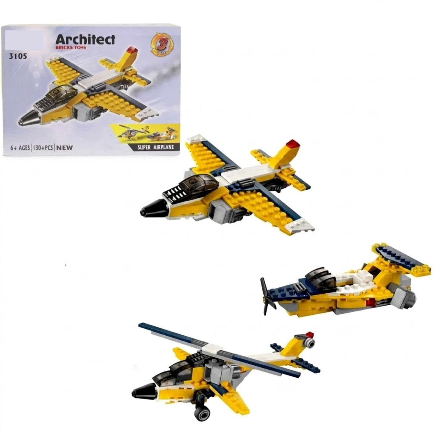 3 in 1 Airplane Building Blocks Toy, 130 PCS STEM DIY Aircraft Construction Set with Jet Helicopter Boat Models for Best Gift Kids Boys Girls 6+ Years. (Plane Yellow)-image-47