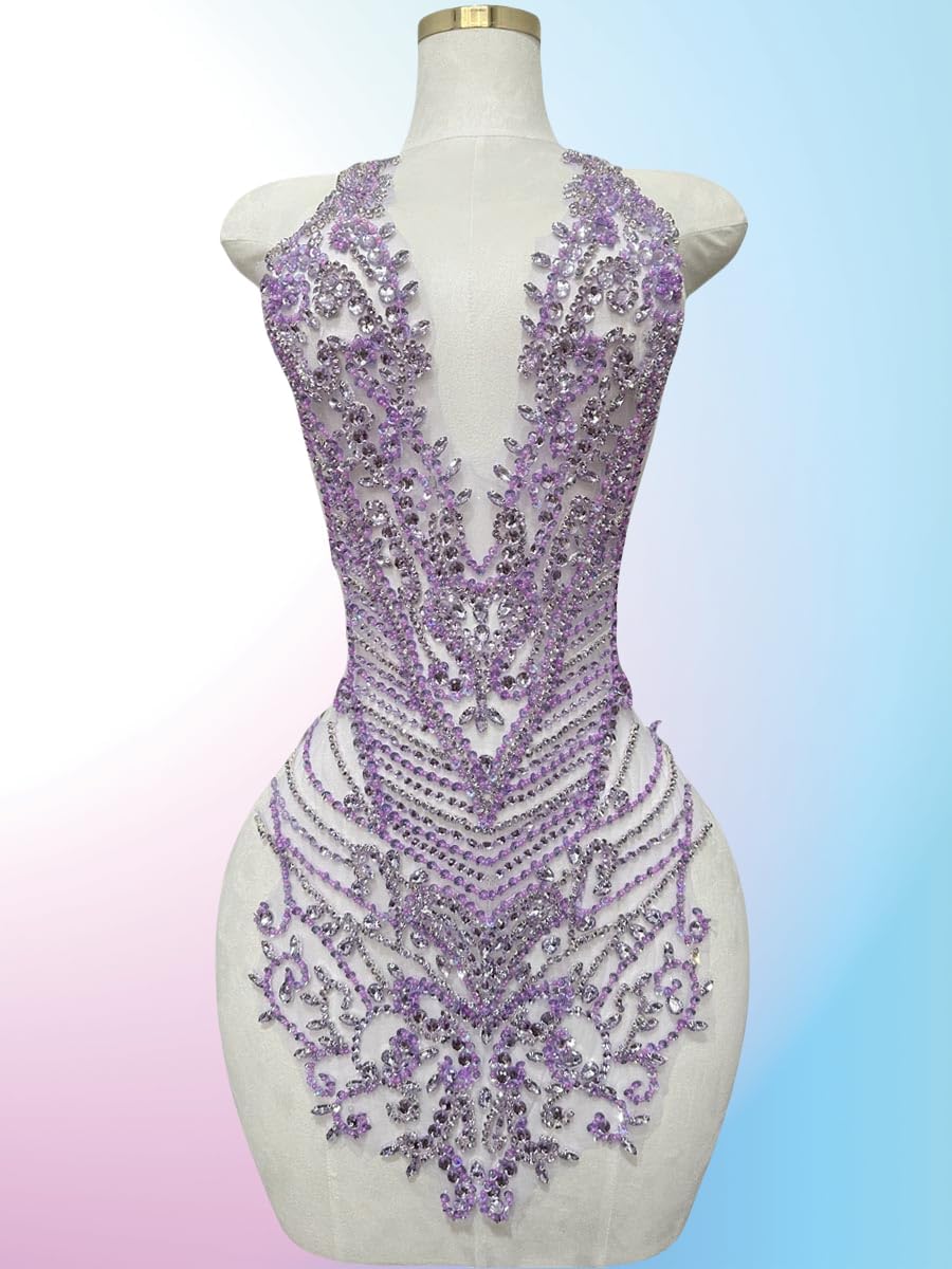 Handmade Rhinestones Large Bodice Applique Glass Stones Beads Bright Crystal Lace Patches Accessories for Weding Dress Decorations (Violet)