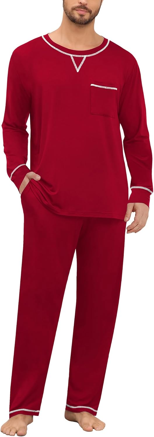 SWOMOG Mens Pajamas Set Modal Long Sleeve Sleepwear Crew Neck Pjs 2 Piece Loungewear Nightshirt Top & Pants with Pockets