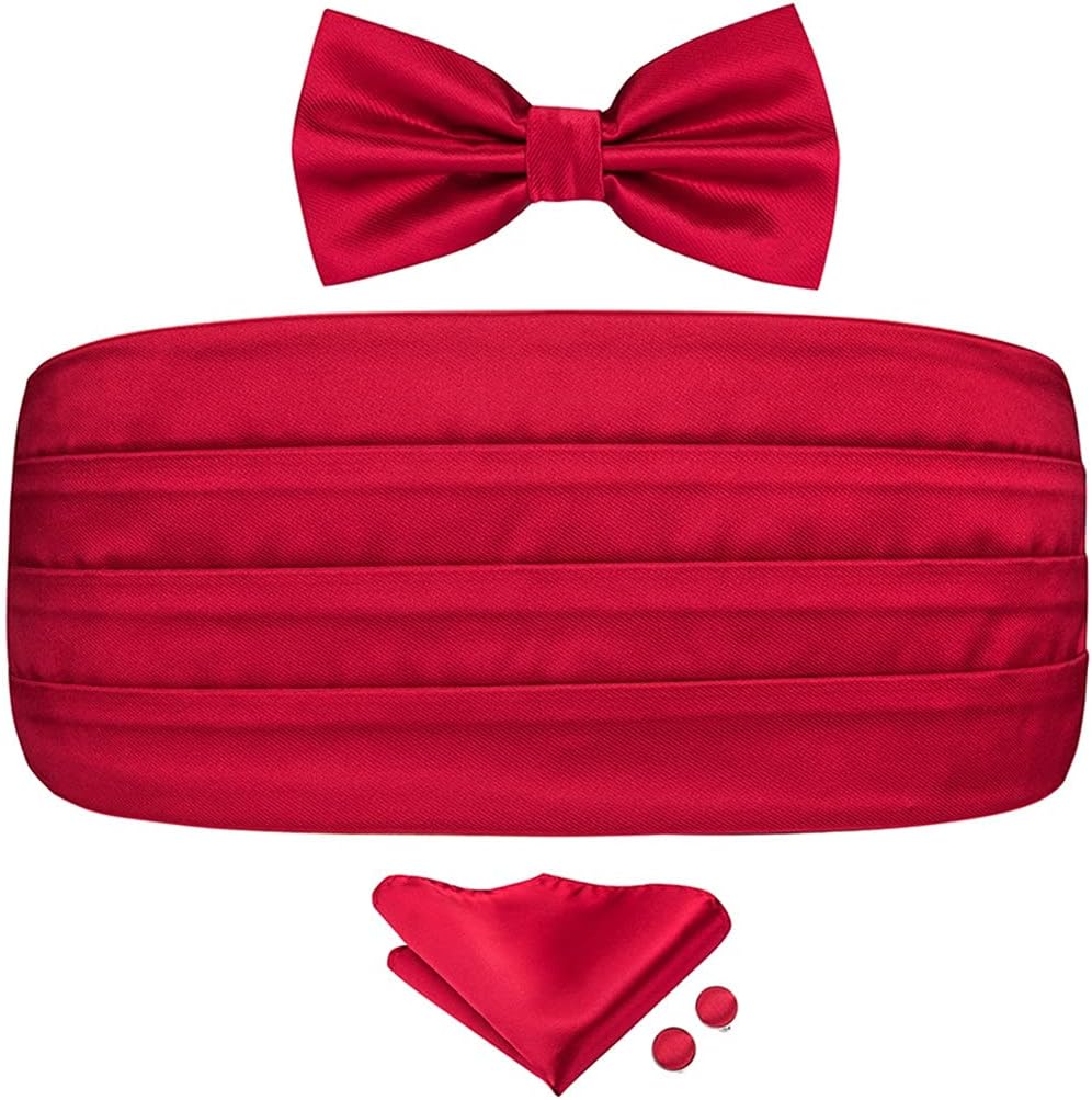 Silk Adult Men's Formal Party Wedding Red Plain Cummerbund Bow Tie & Pocket Square Set Tuxedo Wide Belt