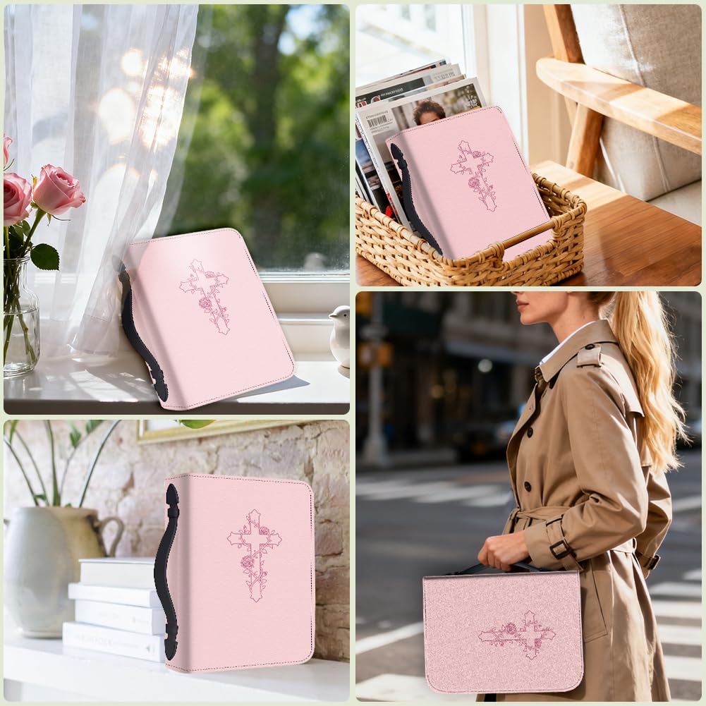 1 grande housse de Bible en cuir synthétique avec marque-page - Étui de transport pour homme et femme - Accessoires de transport, rose, Croix et fleurs