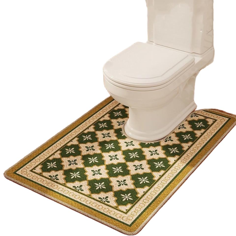 Iczodrow Toilet Rug Mat wtih Retro Checkered Pattern U Shaped-Contour Bath Mat Rug-Dirt Barrier Quick Dry Bathroom Mat Non Slip (Flower,24''x36'')