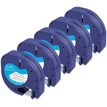 5 Pack Compatible Dymo LetraTag Label Tapes - 12mm x 4m Black on White Plastic Fits LetraTag LT-100H LT-100T XR XM 200B Equivalent to Model 91221