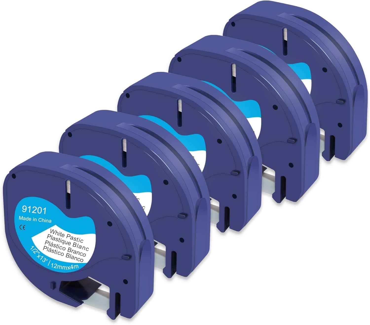 5er-Pack kompatible Dymo LetraTag Etikettenbänder – 12 mm x 4 m, Schwarz auf Weiß, Kunststoff. Passend für LetraTag LT-100H, LT-100T, XR, XM, 200B. Entspricht Modell 91221.