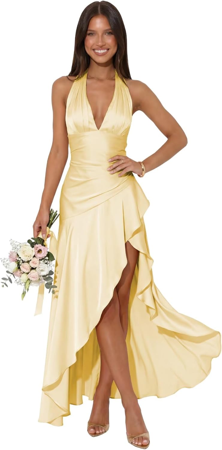 Satin Halter Prom Dress Slit Ruffle V Neck Maxi