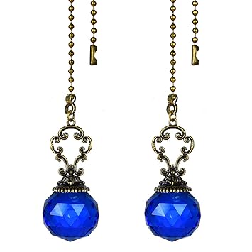 Set of 2 Vintage-Style Blue Fan Pull Ceiling Fan Chain Pulls Crystal Prism Ball