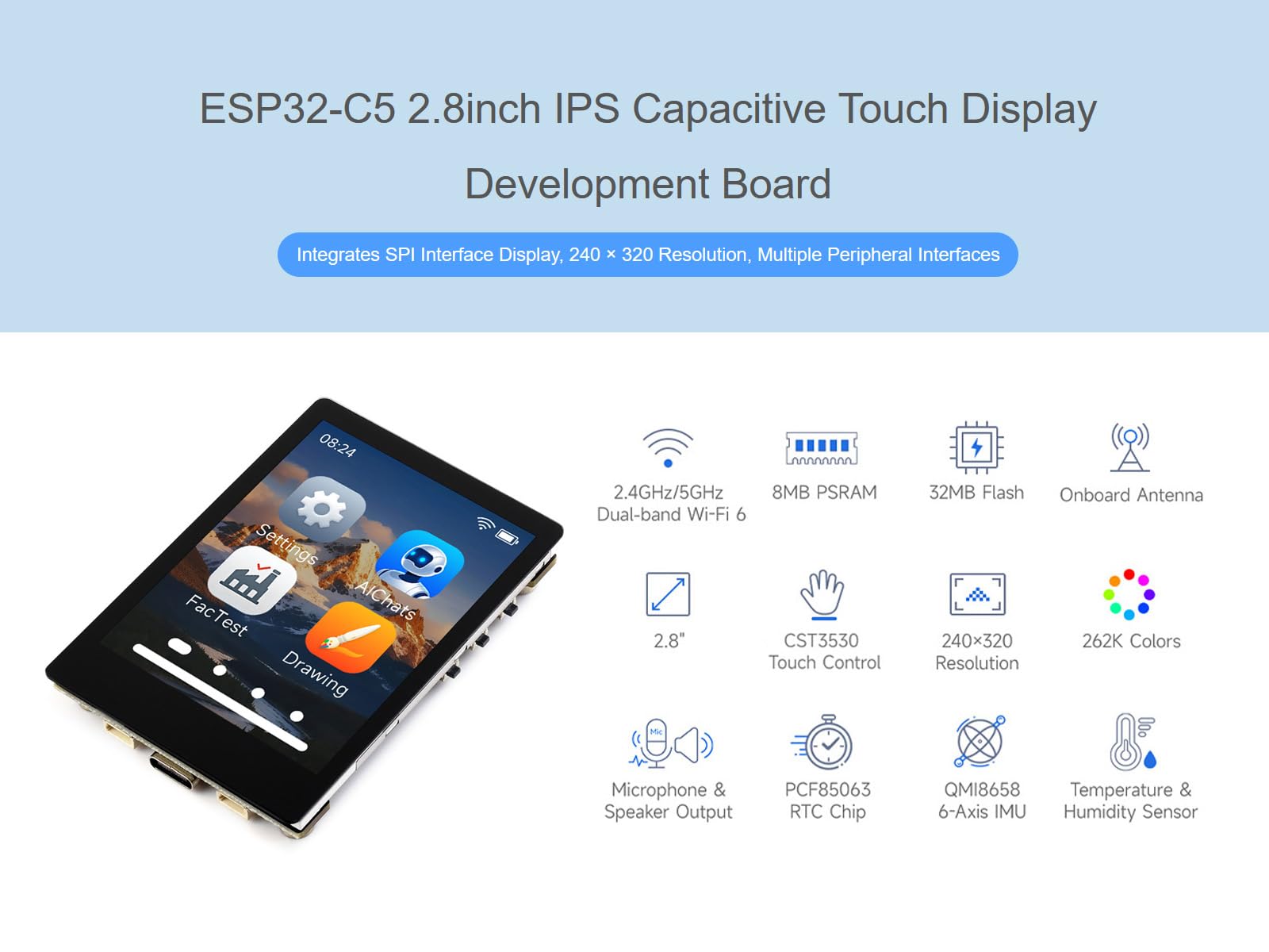 ESP32-C5 - Placa de desarrollo de pantalla LCD táctil de 2.8 pulgadas (sin