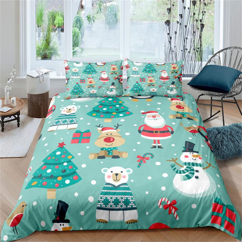 Housse de couette 140x200 microfibre anti-plis imprimé sapin de Noël cyan sans repassage