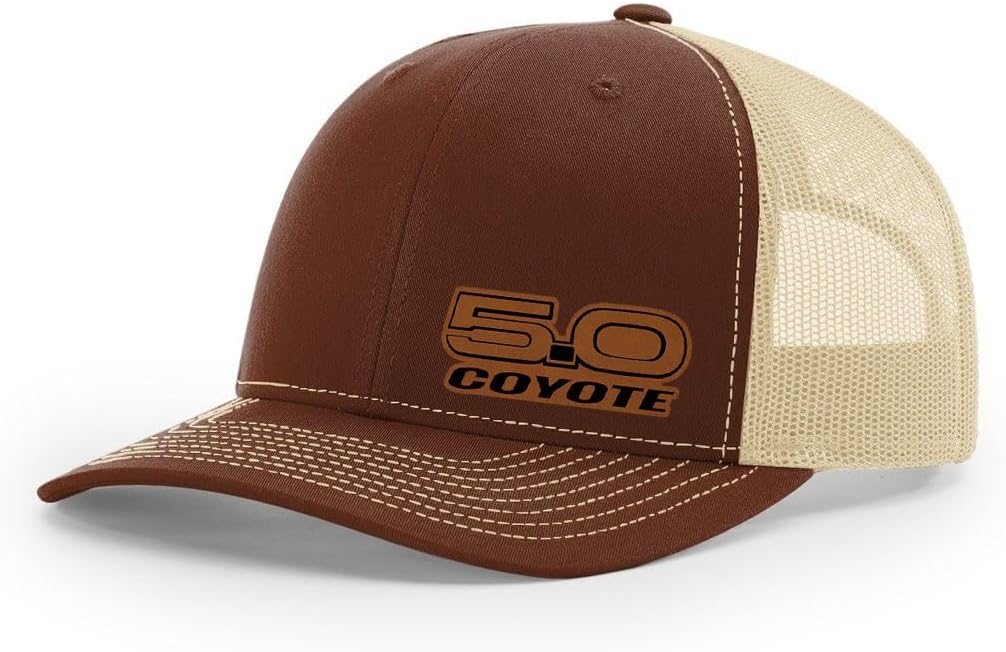 Ford Mustang Coyote 5.0 Logo Side Panel Laser Engraved Leather Patch Richardson 112 Snapback Trucker Hat Cap