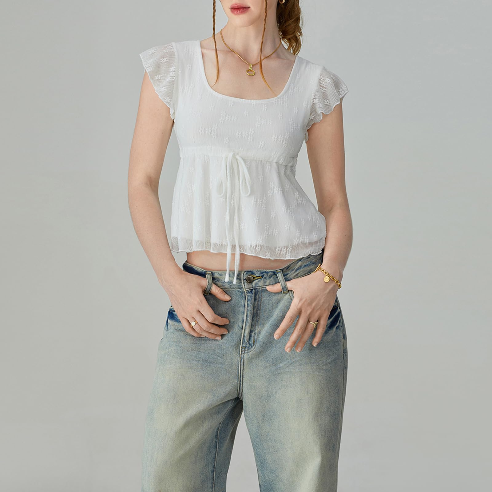 FOMOYUU Top da donna Y2k con scollo quadrato in pizzo e maniche volanti con volant Babydoll camicetta estiva orlo svasato per uscire canotta corta