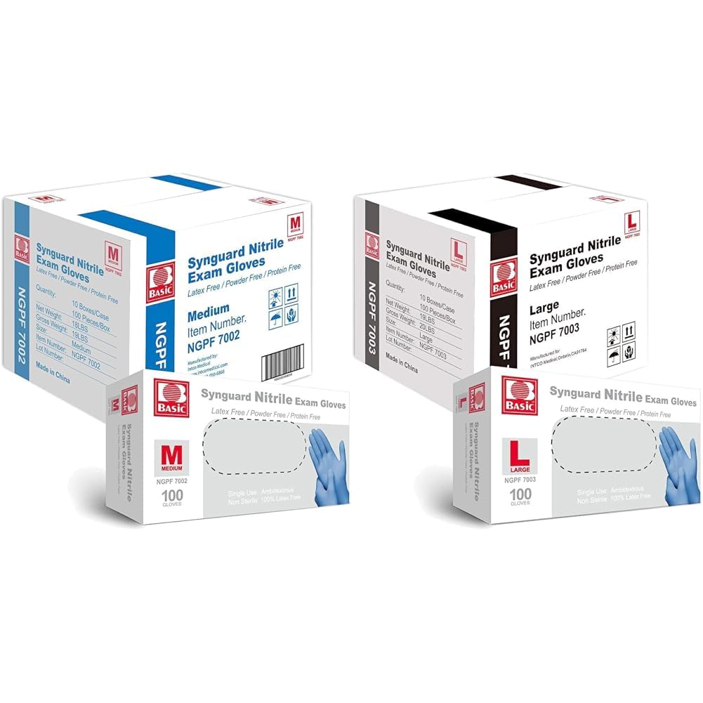 Basic Medical Blue Nitrile Exam Gloves - Cases of 1,000 (NGPF-7002, Medium & NGPF-7003, Large)