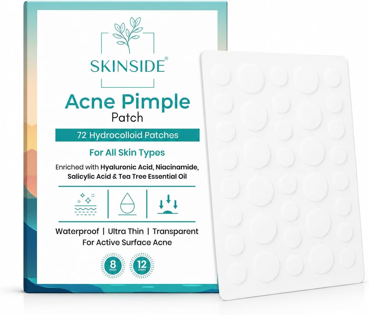 Skinside Acne Pimple Patches with 1.5% Salicylic Acid for Face Pimples | Hydrocolloid Facial Patches for Pimple Healing | Invisible Waterproof Absorbs Excess Oil & Pimple Overnight (72 Patches)