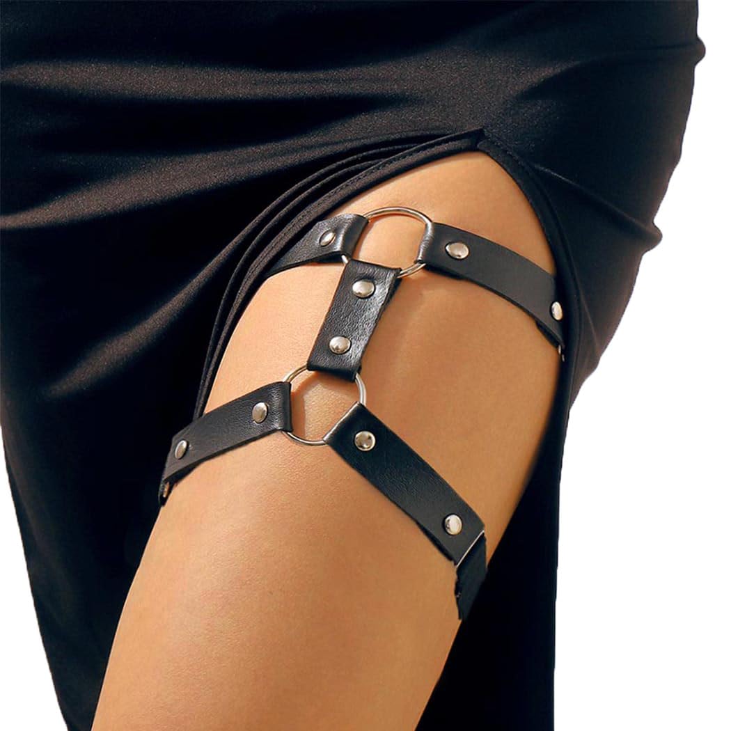 BODIY Black Leg Harness belts Leather Thigh Garter Belt Adjustable Thigh Holster Rave Elastic Leg belt for Women