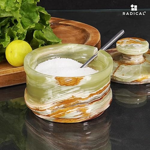 Miniatura 4 de Radicaln Bodega de sal de mármol con tapa y cuchara, ónix verde, 2.25 x 4 x 5 pulgadas, recipientes hechos a mano para condimentos, soporte para sal