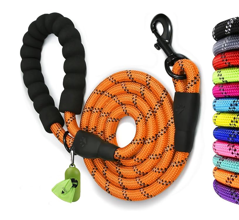 Rope Dog Leash with 180 x 1.2 cm Soft Padded Handle Reflective Lead and Multi Colour for Large Dogs, Orange