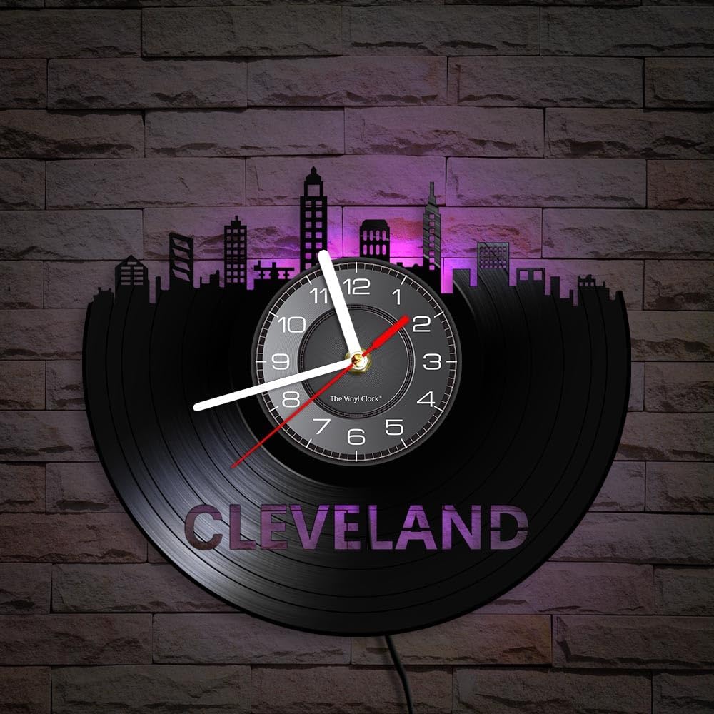 12 Inch Cleveland LED Vinyl Record Wall Clock with 7 Colors Changing, Silent Quartz Non Ticking Modern Decorative Analog City Skyline Night Light Wall Clock for Living Room Bedroom Office
