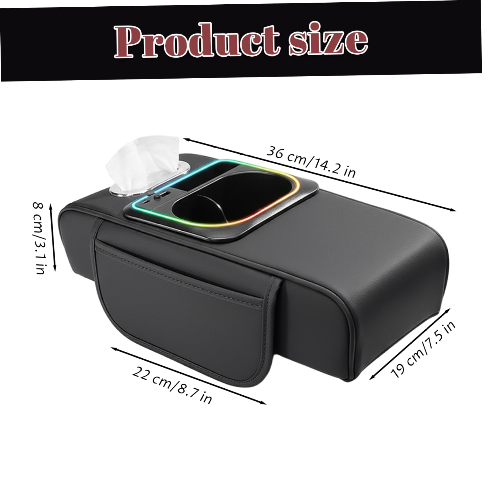 Cojín para reposabrazos de coche, funda de cuero para consola central con bolsas de almacenamiento, ranura para teléfono, puerto de carga, soporte para pañuelos y portavasos para SUV, autocaravana