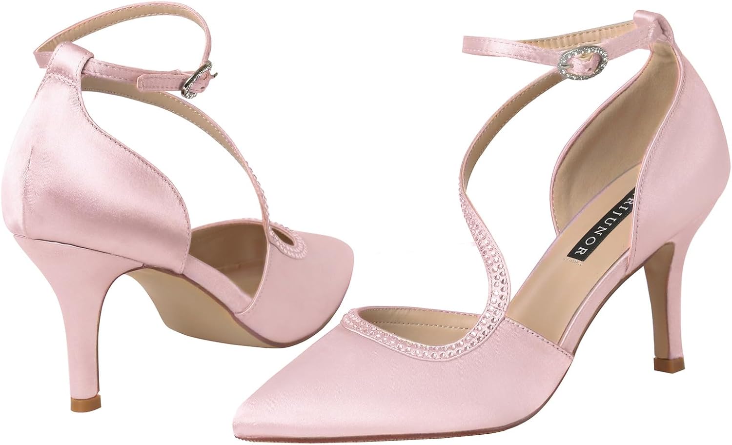ERIJUNOR Women Comfortable Mid Heel Ankle Strappy Dress Pumps Pointed Toe Satin Wedding Evening Party Shoes