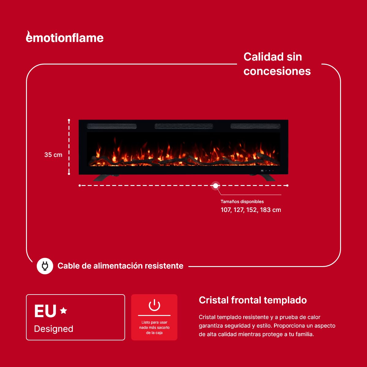 Monarch 127 - Chimenea eléctrica de pared de alta calidad, 127 x 13 x 35 cm, chimenea LED con calefacción 900/1800 W