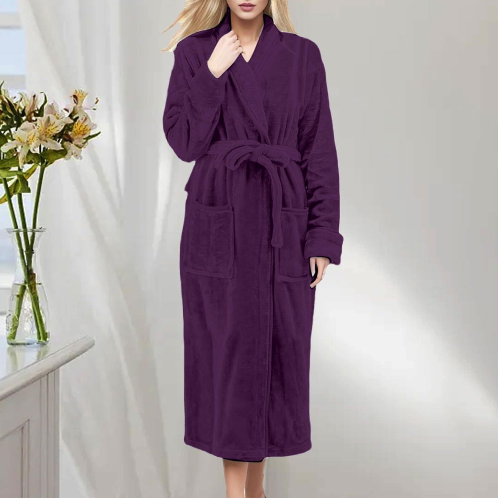 Generisch Albornoz largo para mujer, cómodo, de rizo, mullido, cálido, con bolsillos, bata de rizo elegante, monocolor, bata de manga larga, marrón, L