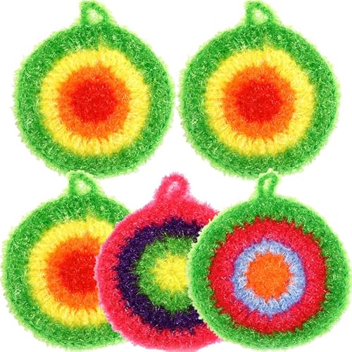 Garneck 5 Pack Dish Scrubber Non Scratch: Reusable Oil-Free Dish Sponges for Kitchen Washing Pots Pans Cute Polyester Cleaning Scrub Pads with Hanging Loop for Household Cookware